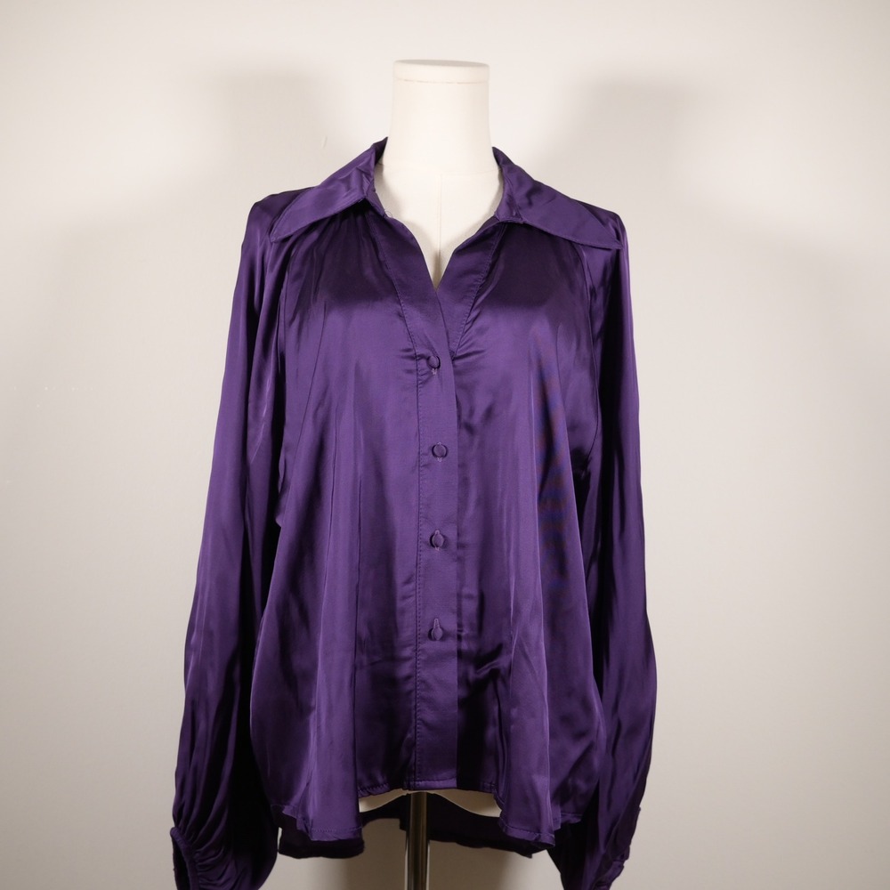 Sofia Made in Italy Purple Satin Blouse Bishop Sleeve Button Up Top L